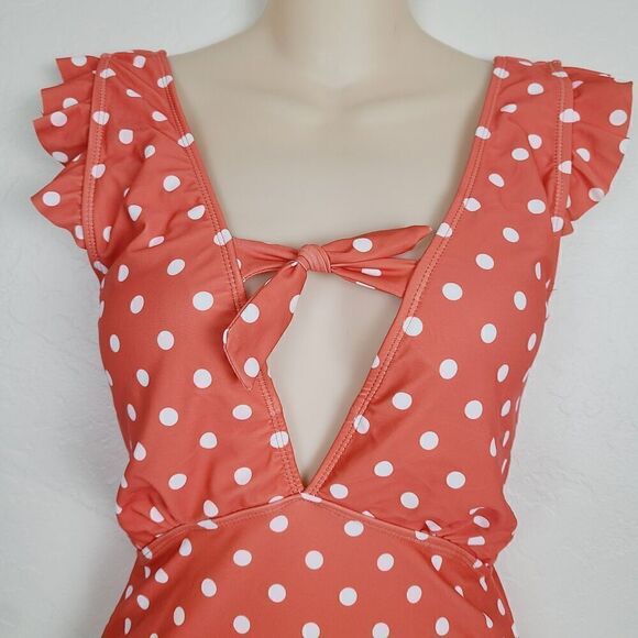 NEW Marina West Swimsuit M Coral Orange Polka Dot Deep V Ruffle Sleeve One Piece - Picture 3 of 8